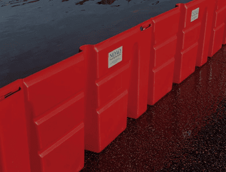 Flood barriers deployed during flooding emergency