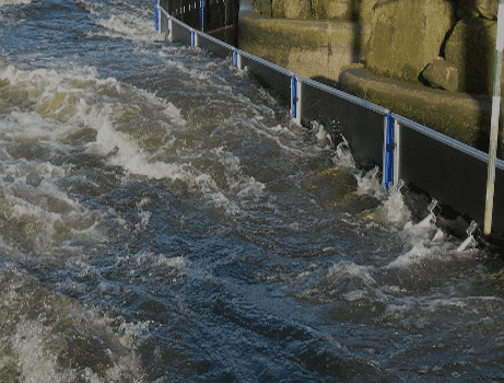 AquaFence barrier stability ensured by flood water pressure